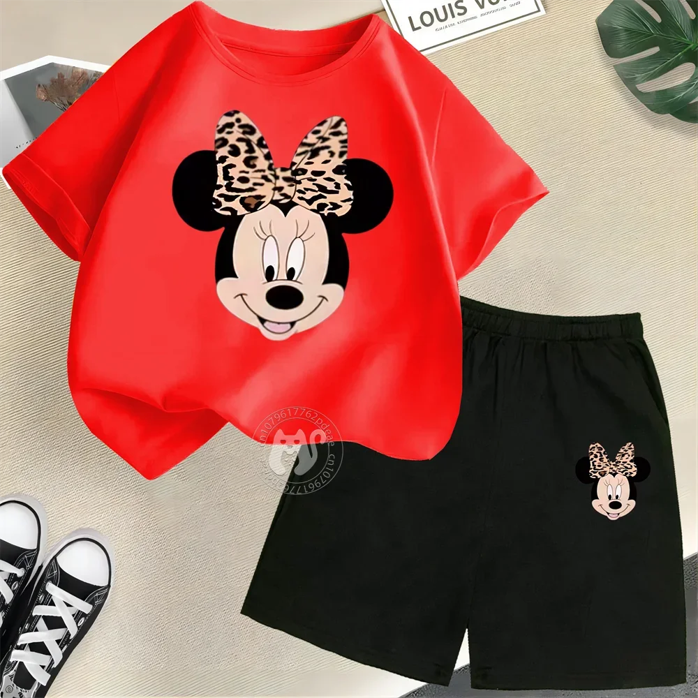 Summer Cartoon Boys & Girls 100% Cotton T-shirt + Shorts Kids Disney Open Minnie Print Fashion Street Boys & Girls Casual Suit