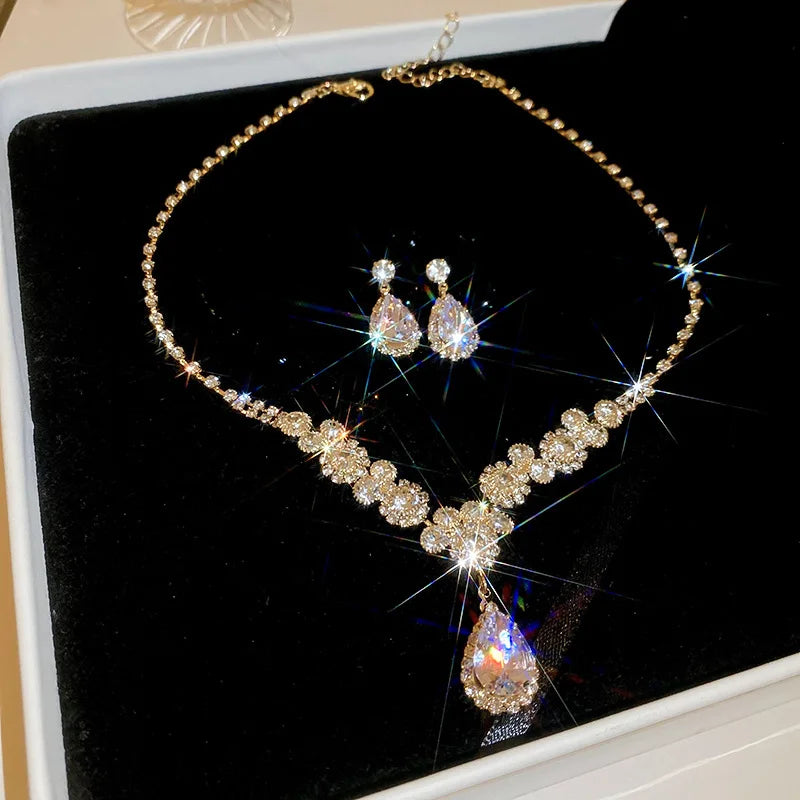 Large Water Drop Flower Necklace Earrings Set Shining Full Rhinestone Necklace For Women Bridal Wedding Party Jewelry Sets