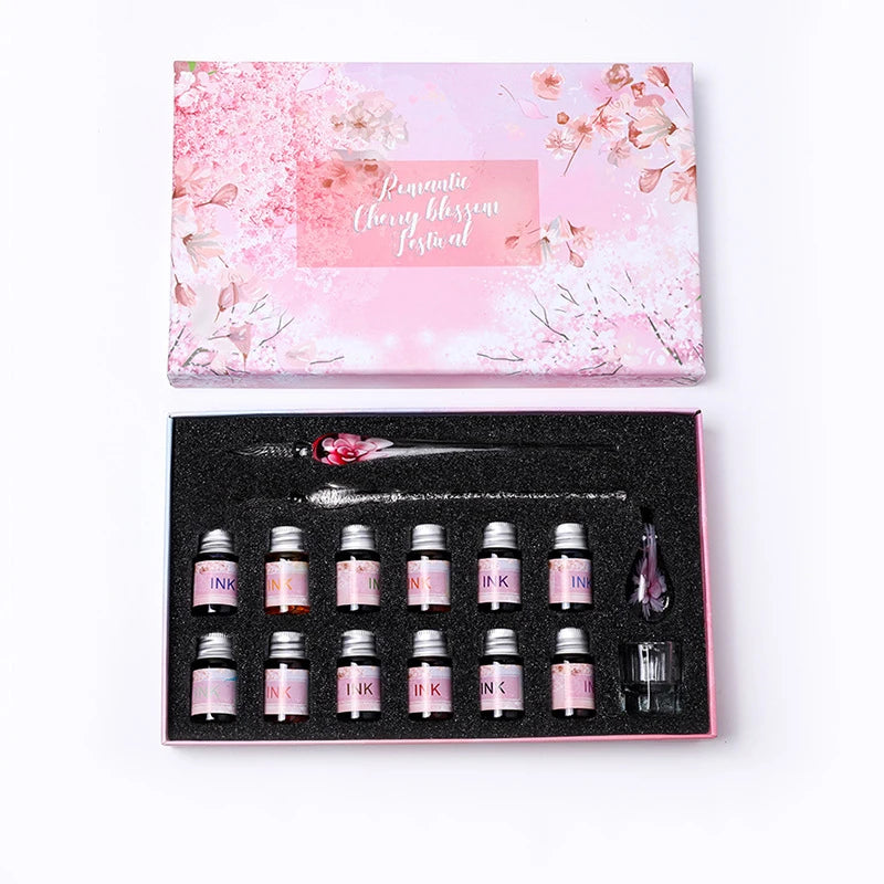 2022 Sakura Glass Dip Pen Set 2Pcs Crystal Glass Pens with 12 Gold Powder Inks for Signatures Drawing Caligraphy Kit Gifts