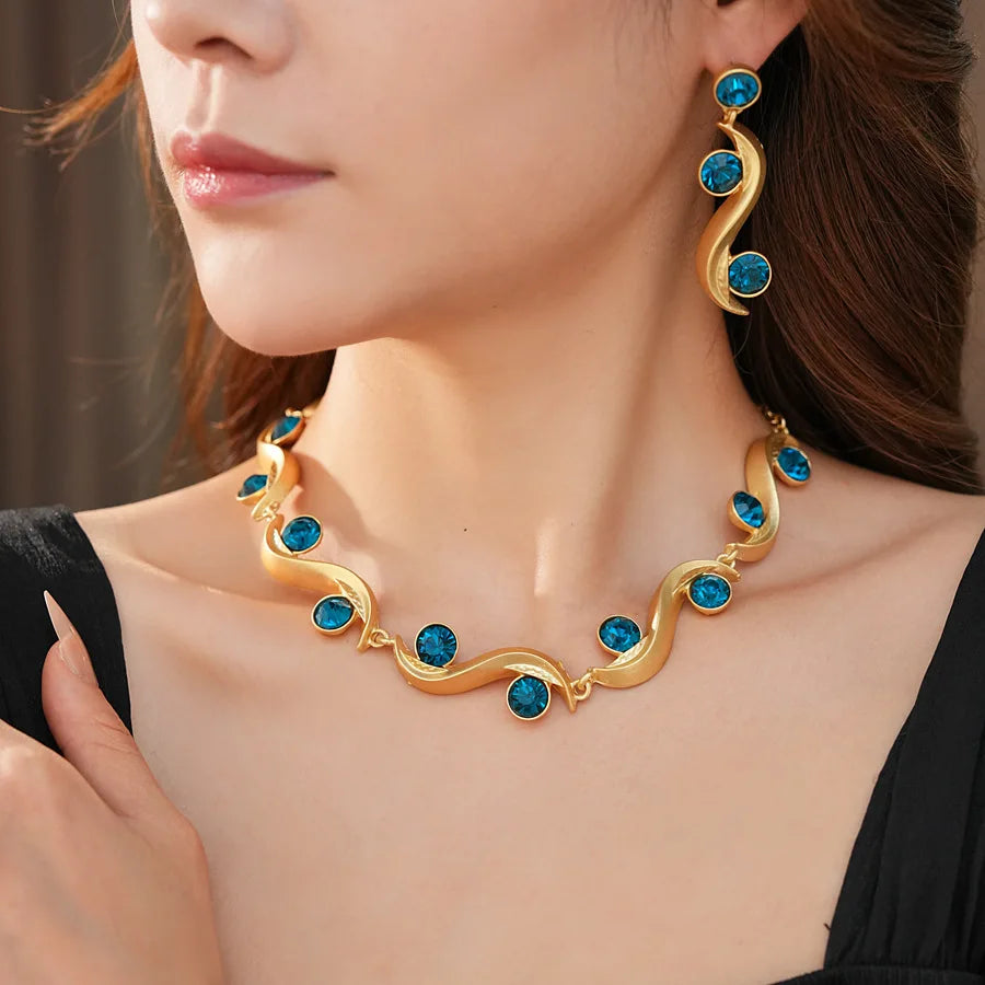 1/2 Pcs Unique Round Wave Long Earrings Blue Rhinestone Adjustable Chain Necklace Bohemian Women Fashion Jewelry Set Vacation N