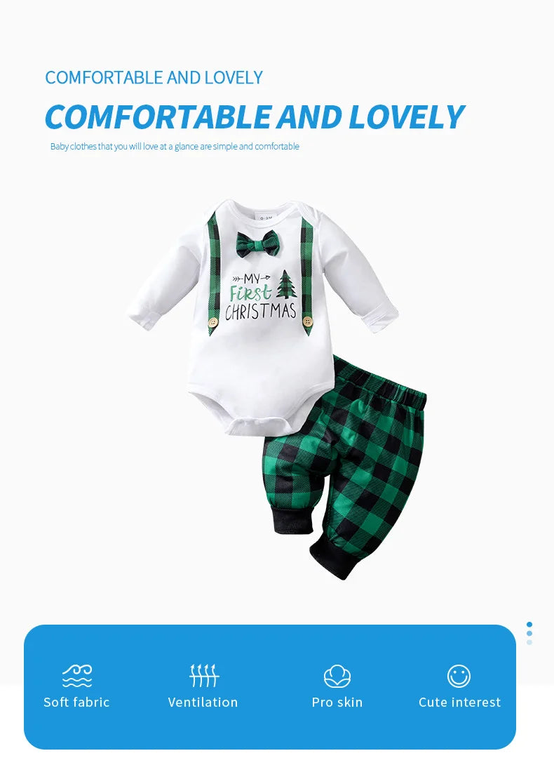 Christmas Newborn Baby sets 2pcs Autumn Green checkered print Gentleman's bow tie long-sleeved Unisex Fashion Baby clothes