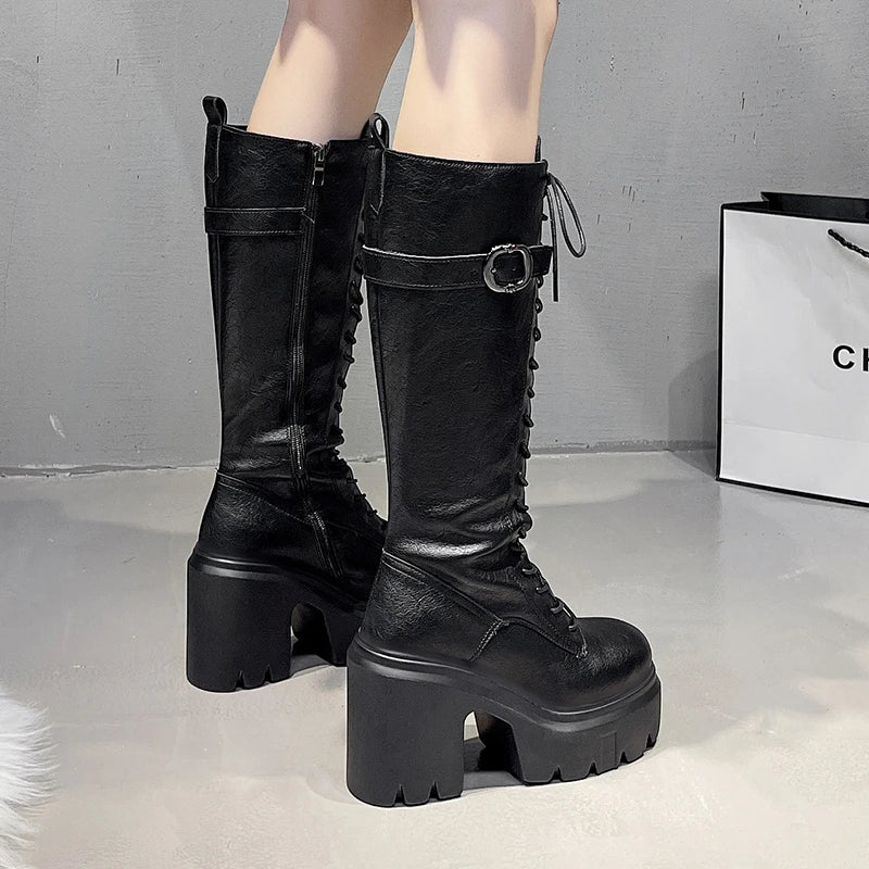 Knee High Women's Boots Lace Up High Heels Shoes Platform Chelsea Boots Winter 2025 Sexy Snow Long Boots Zip Pumps Mujer Botas