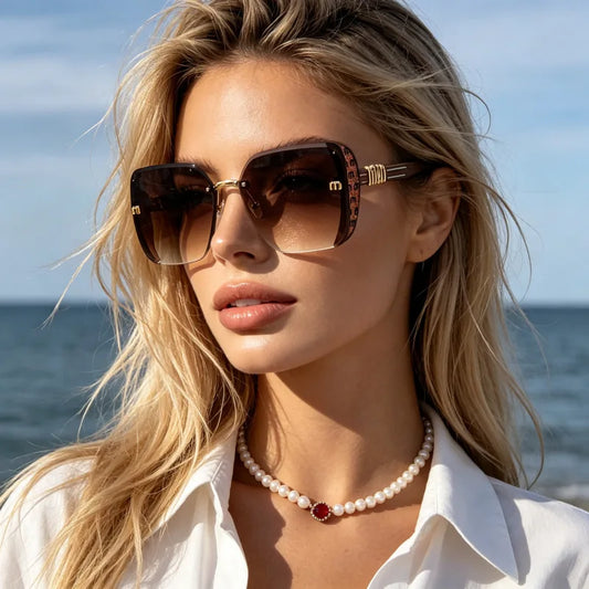Fashion Rimless Sunglasses For Women UV400 Oversized Sun Glasses Square Vintage Eyewear Brand Designer Oculos