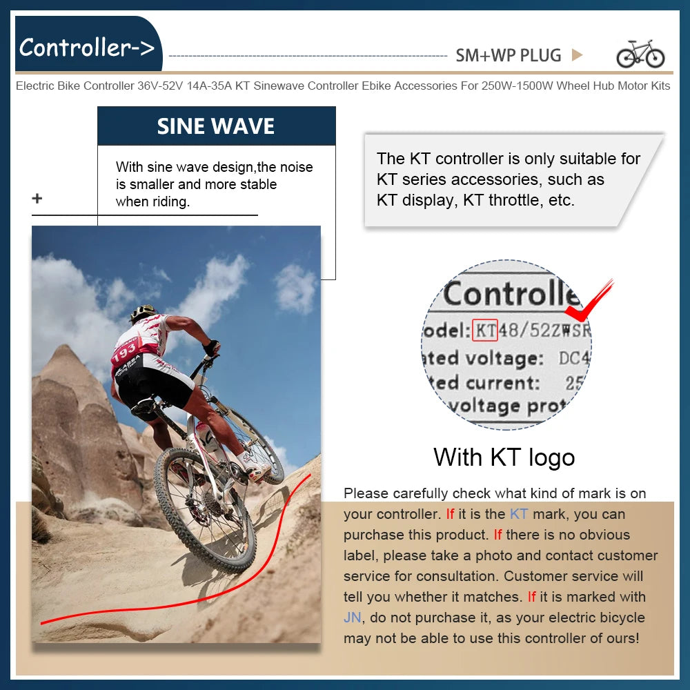 Ebike KT Sine Wave Controller 36V/48V Waterproof Brushless with Light Function 14A-35A With LCD8H Display For Ebike Accessories
