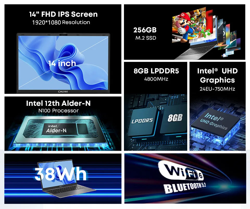 CHUWI GemiBook XPro Laptop 8GB LPDDR5 256GB SSD Intel N100/N150 UHD Graphics 12th Gen 14.1'' FHD 1920*1080 Windows 11 Laptops