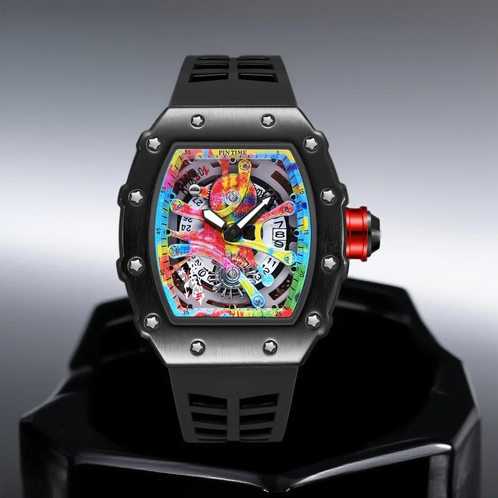 High-end Colored Hip Hop Dial  PINTIME Watch for Men Silicone Strap Stainless Steel Case Fashion Waterproof Quartz Wristwatch