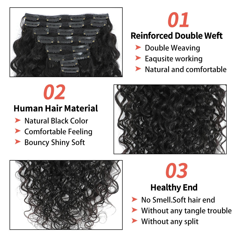Water Wave Clip In Human Hair Extensions 8PC/Set 120g Wholesale Remy Virgin Curly Wavy Clip On Hair For Women Natural Hair Clips