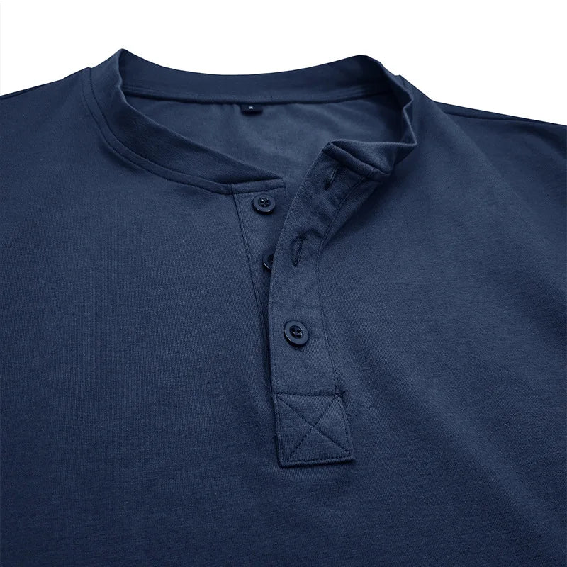 SHiONFA Spring Men's Long Sleeved T-shirt Casual Soft Cotton Base Shirt Placket Front Button Solid Color Pullover