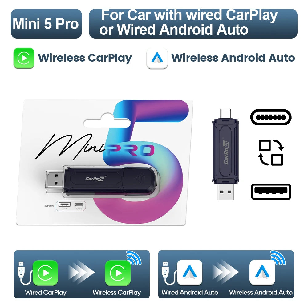 CarlinKit Mini 5 CarPlay Wireless USB Dongle Plug &Play Split Screen Wired To Wireless Adapter For Benz Kia Volvo Mazda MG Ford