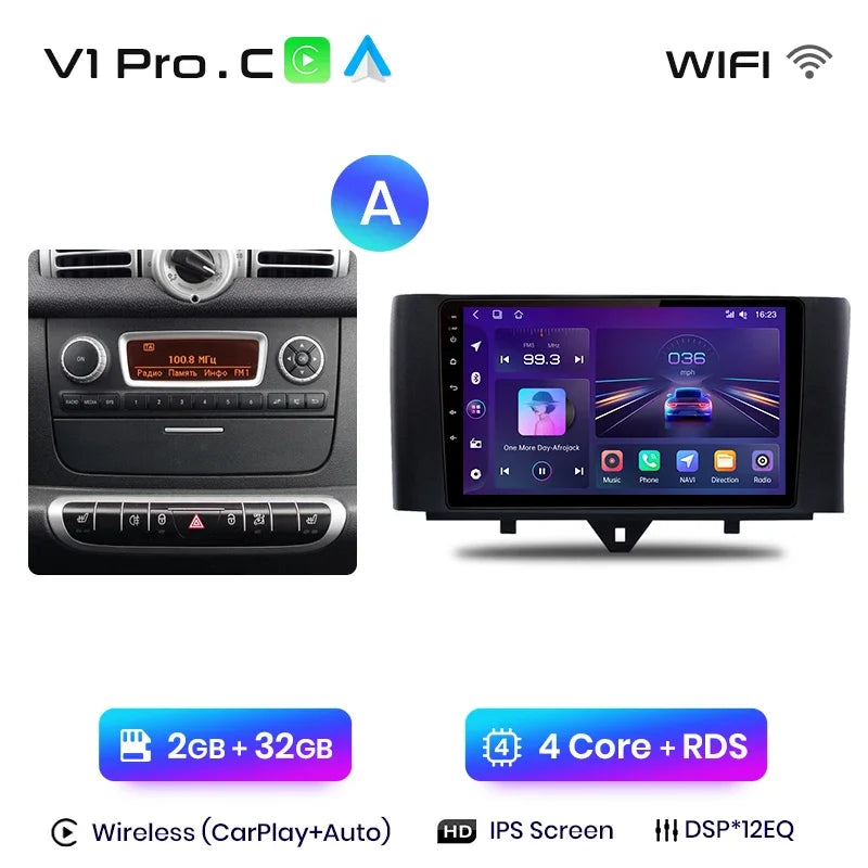 Junsun Wireless CarPlay Android Auto Radio For Smart Fortwo 451 2005 - 2015 Car Intelligent Systems RDS BT DSP 2 din autoradio