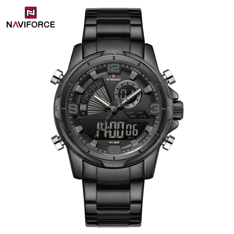 NAVIFORCE Men's Watch 3ATM Waterproof Multifunctional Dual Display with Date Stainless Steel Strap Luxury Business Wristatch