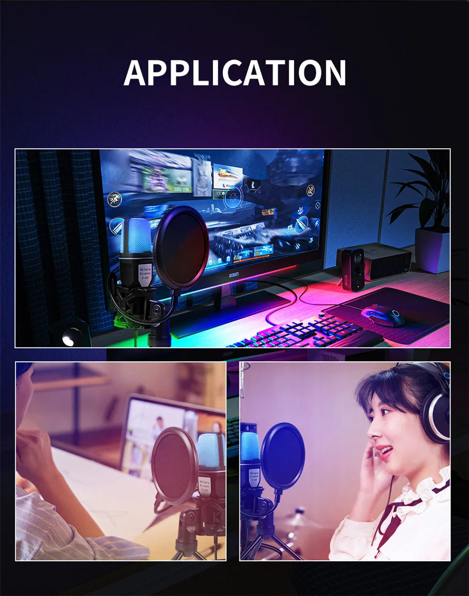 USB Microphone RGB Microfone Condensador Wire Gaming Mic for Podcast Recording Studio Streaming Laptop Desktop PC