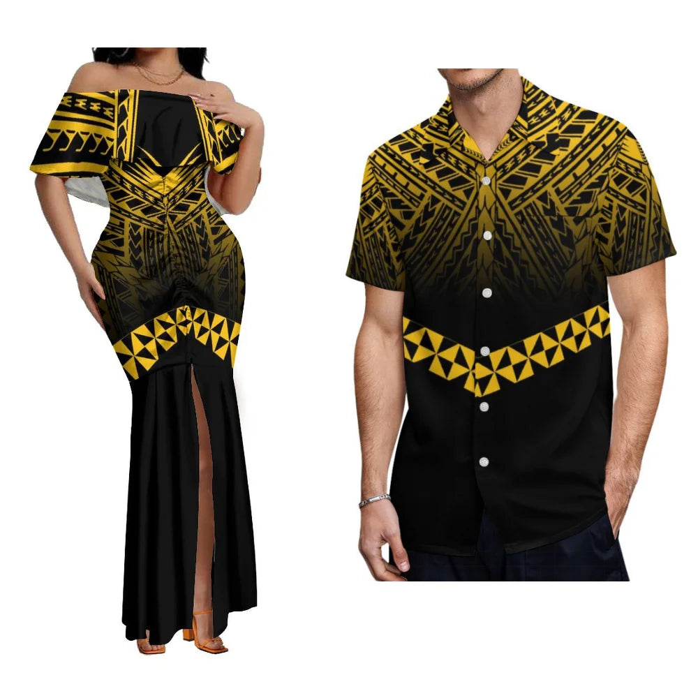 Polynesian Couple Set Custom Women'S One-Line Shoulder Lotus Skirt Men'S Short-Sleeved Shirt Banquet High-Quality Dress