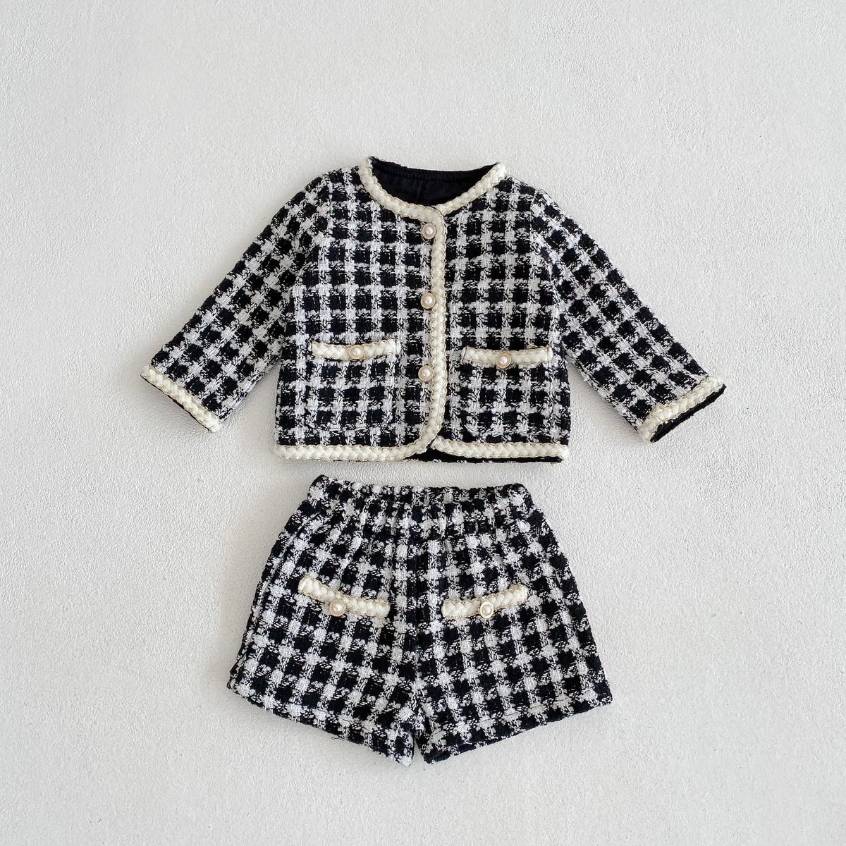 Girl Clothing Set 2026 Spring Baby Tweed Plaid Girl's Two Piece Suit Jacket+ Short Pants Sweet Girl's Suit