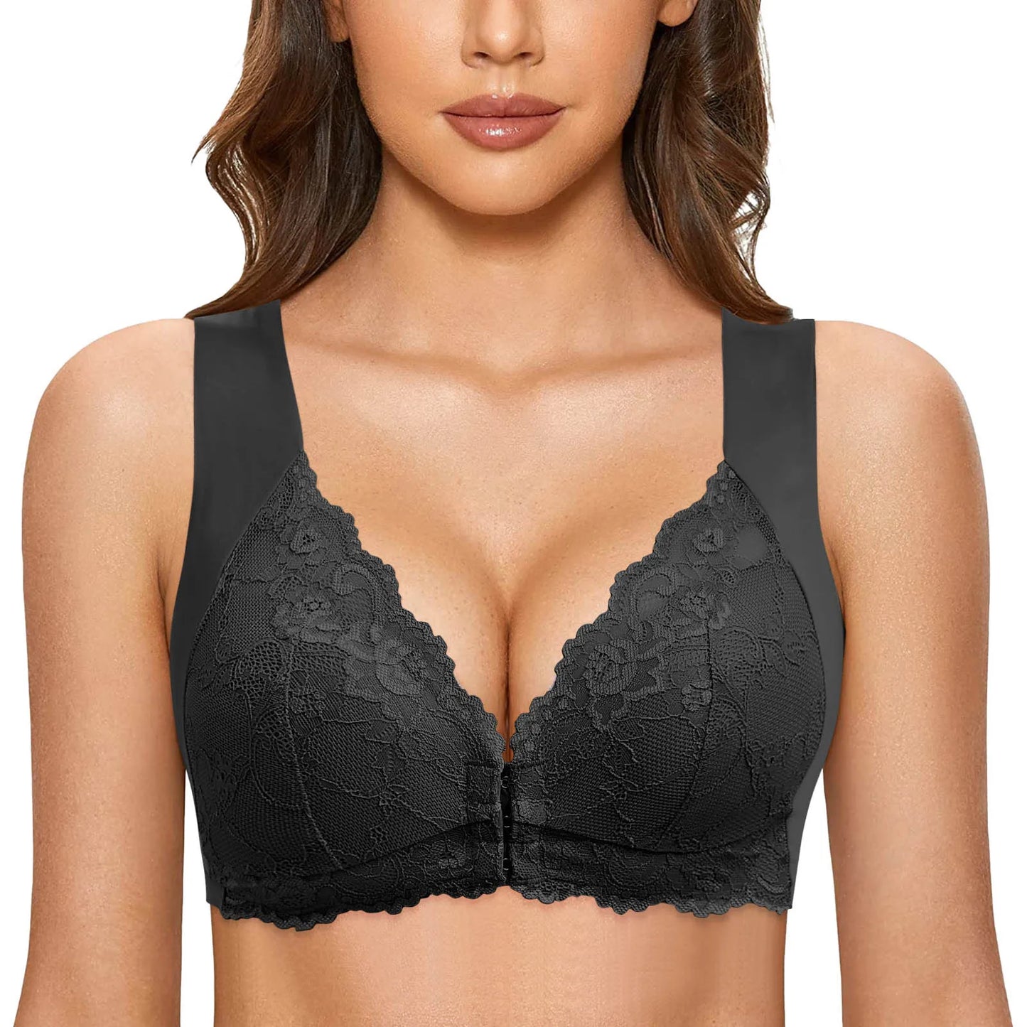 High Intensity Sports Bras For Women No Steel Ring French Lace Panel Front Close Bra T Back Plus Size Seamless Unlined Brassiere