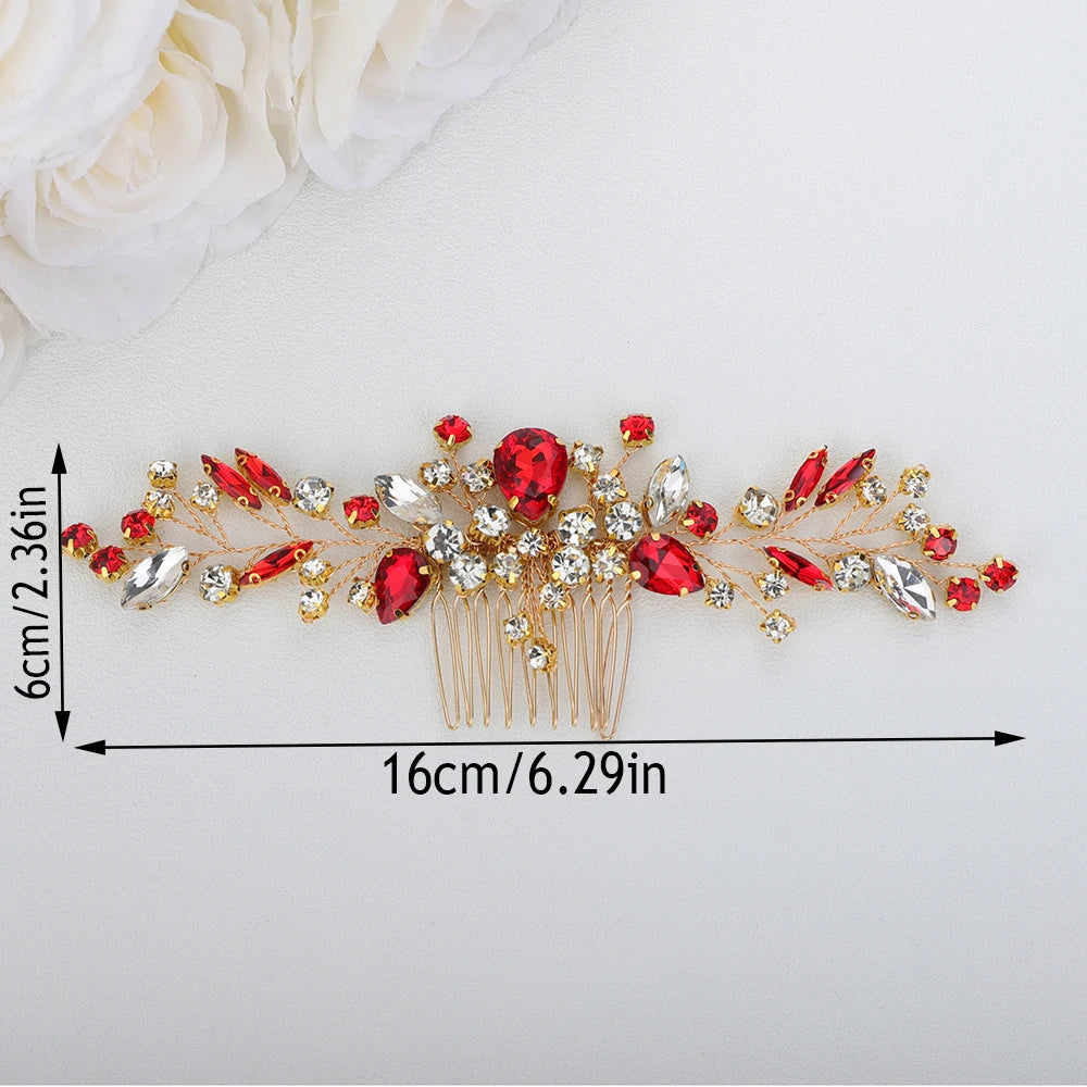 Crystal Flower Bride Hair Accessories Red Wedding Head Jewelry Blue Rhinestone Headdresses Women Hair Comb 9 Colors Headpieces