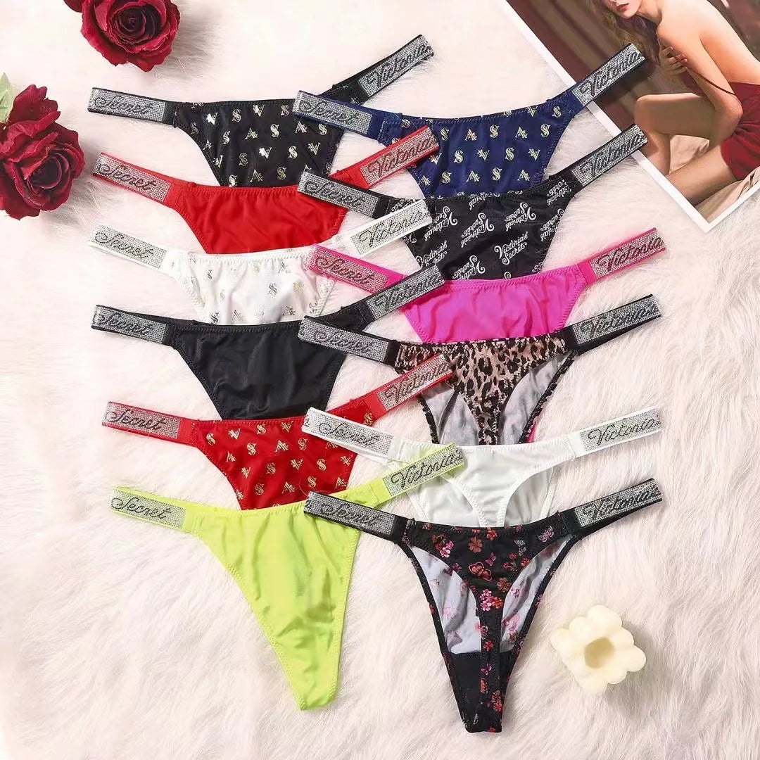 Fashion large size printed women's underwear comfortable rhinestone sexy underwear pink brand thong seamless t-pants metal chain