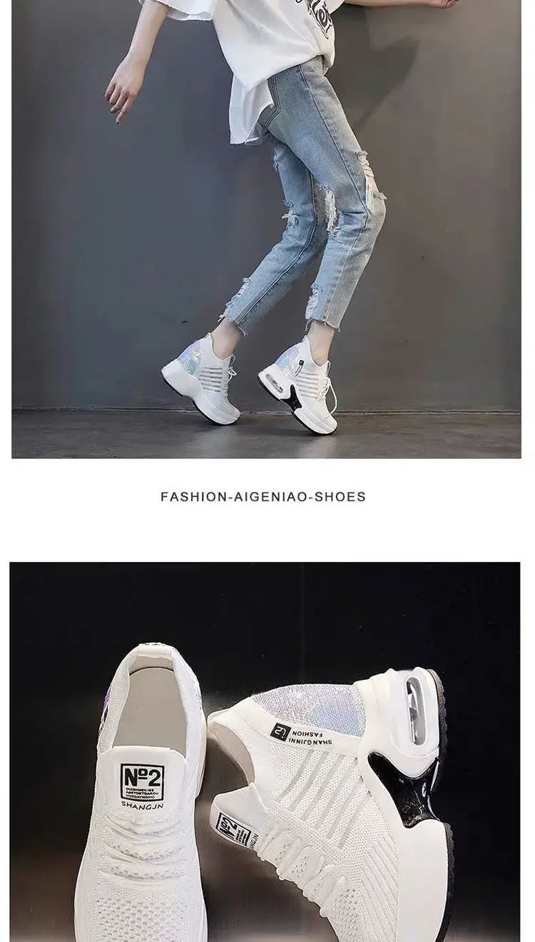 2025 Women's Sneakers Spring Sequined Casual Shoes Woman Platform Heels Wedges Height Increasing Knitted Ladies Vulcanized Shoes