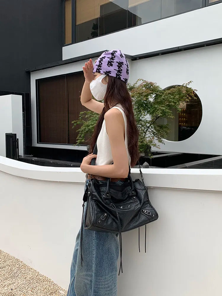 Luxury Designer City Motorcycle Shoulder Tote Bag for Women Large Capacity Autumn Winter Handbag Crossbody Stylish Women's Bag