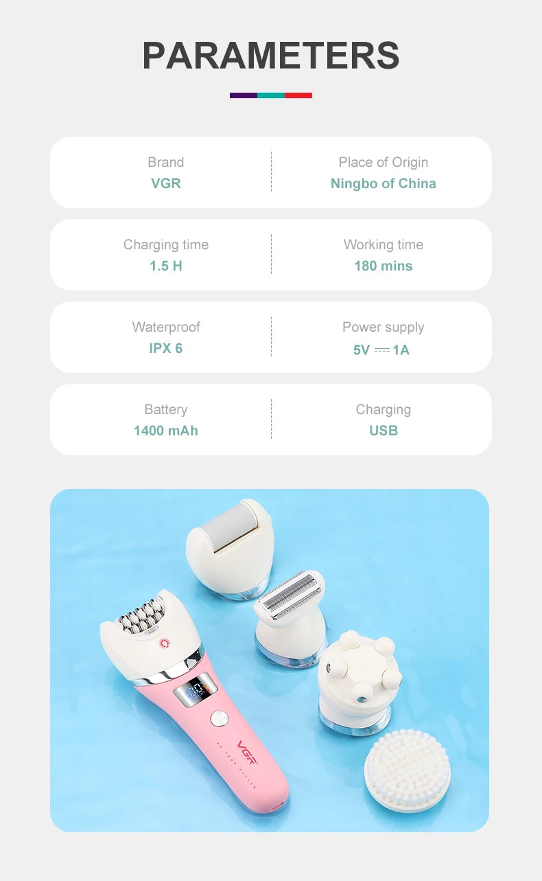 VGR Hair Removal Professional Body Care Trimmer 5in1 IPX6 Waterproof Hair Trimmer LED Two Speeds Electric Razor for Women V-759