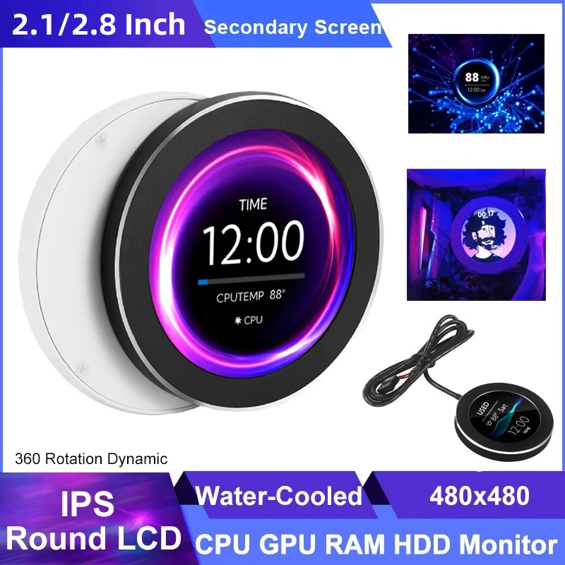 2.1 2.8 Inch IPS Secondary Screen 480x480 USB Water-Cooled Round LCD CPU GPU RAM HDD Monitoring NO AIDA64 MINI PC Gamer Display