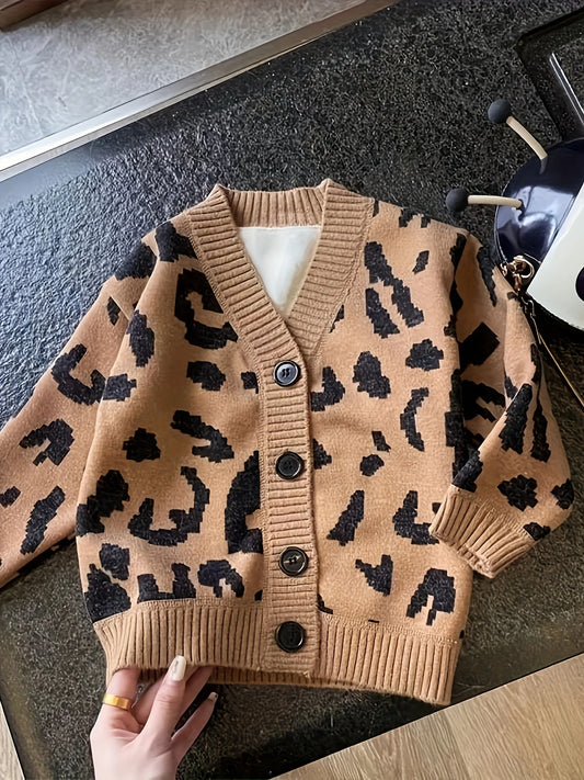 Children's Autumn and Winter Velvet Thickeneded Warm V Neck Leopard Print Knitwear Cardigan Knitwear