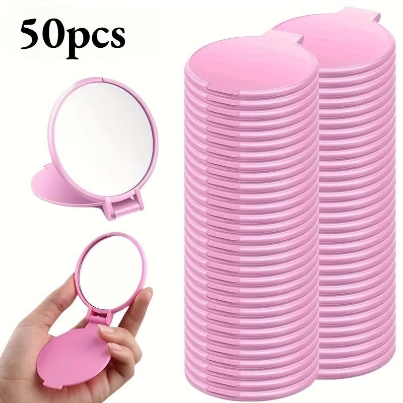 50pcs Portable Mini Folding Makeup Mirrors - Battery-Free 2.75x2.44inch Black Pink , Travel Grooming Mirror for Skincare Tools