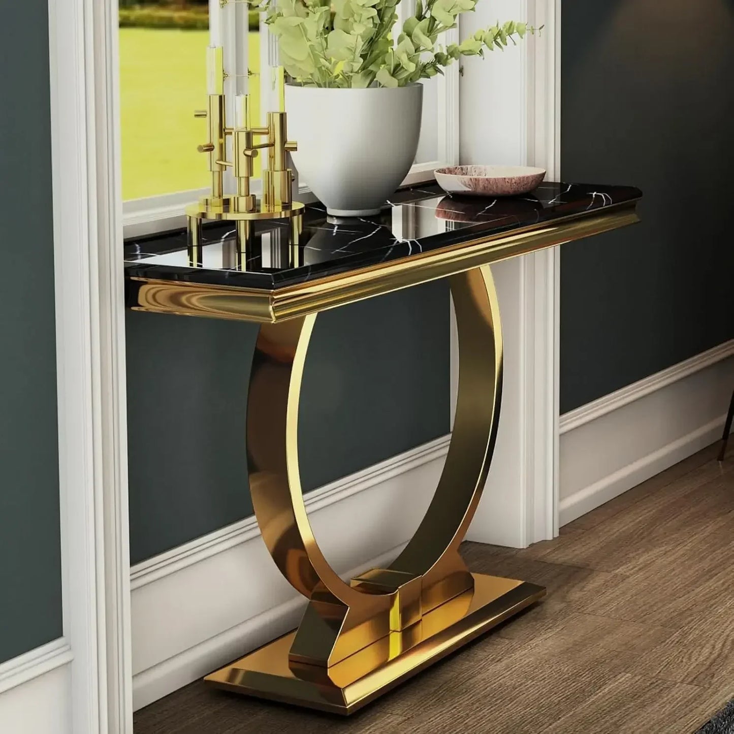 Black Gold Console Table, 50" Black EntranceTable with Gold U Shaped Base, Luxury Entryway Table for Living Room, Entryway, Sofa