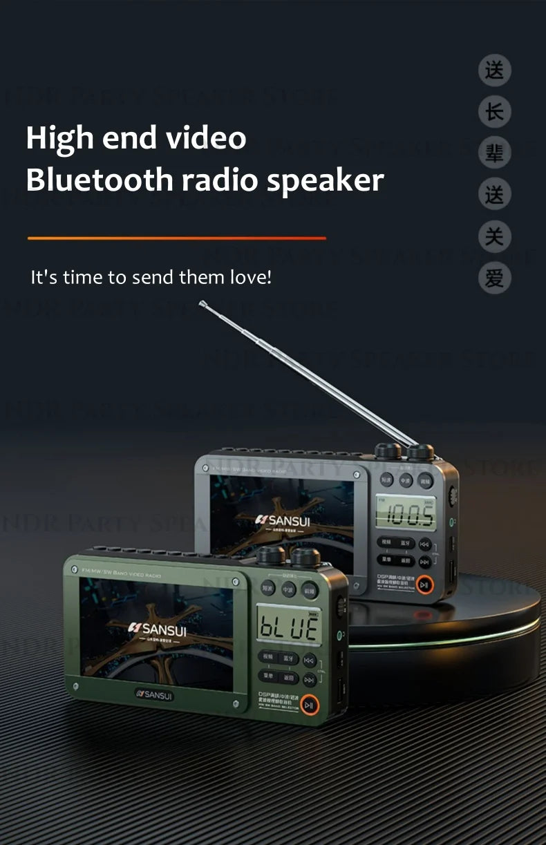 SANSUI Portable FM/MW/SW Radio 7-inch HD LED Display Radio Wireless Bluetooth Speakers Dual TF Card Slot MP4 Video Music Player