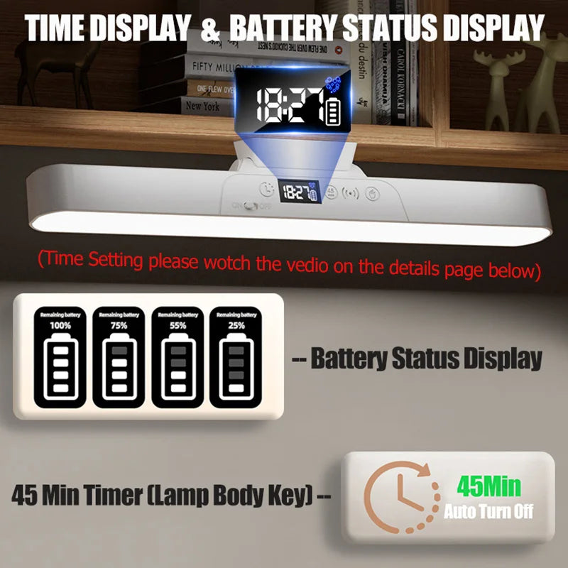 Eye-care Magnetic Desk Lamp USB Rechargeable LED Night Light Battery Status & Time Display Reading Light Table Lamp for Kitchen