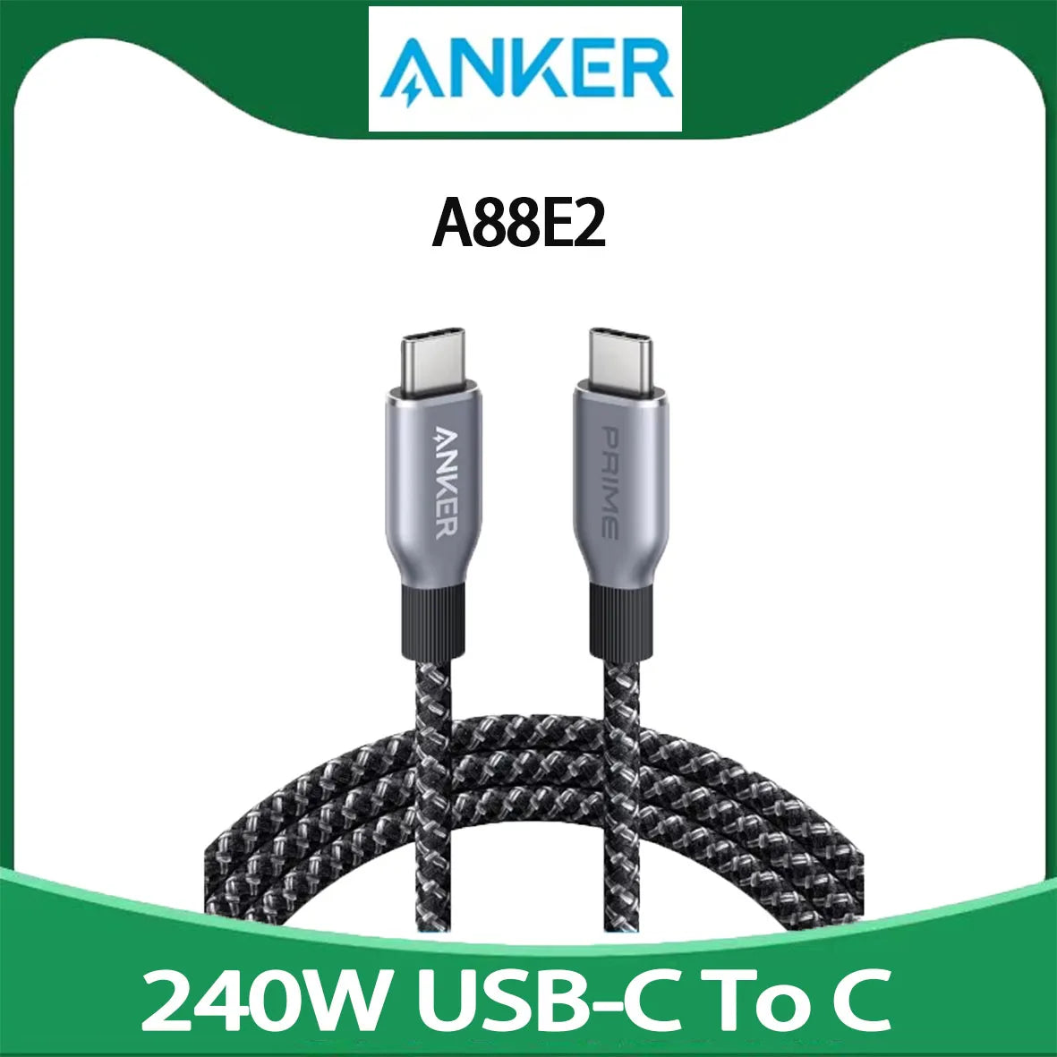 New Anker Prime USB C to USB C Cable, 240W 6 ft Fast Charging USB C Cable, Upcycled-Braided Nylon with 100-Year Bend Durability