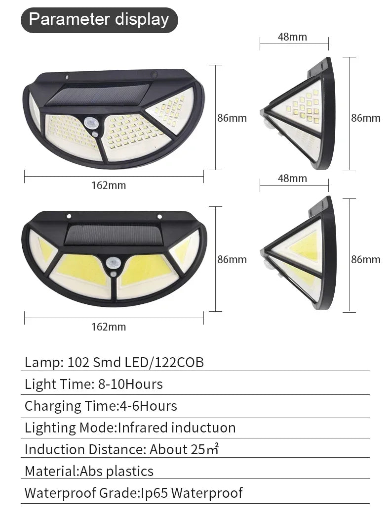 Ultra Bright 102 LED Solar Garden Light PIR Motion Sensor Outdoor Security Wall Lamp 1200mAh 18650 Rechargeable Street Light