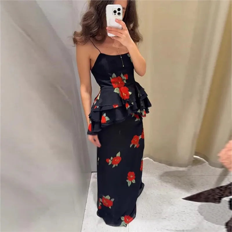 Summer 2-piece Suit Print Flower Mesh Slit Hip-covering Skirt Halter Top Suit Women's Fashion Causal Woman 2 Piece Set Outfit