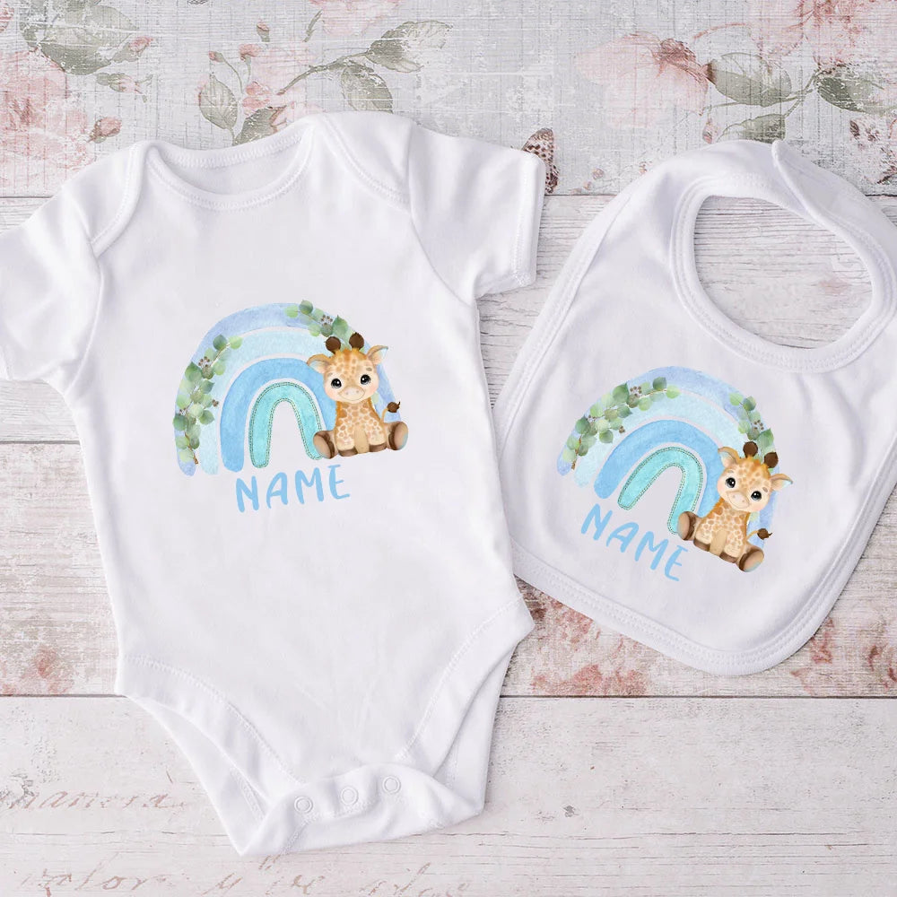 Personalized Matching Baby Bib & Romper Custom Name Animal Rainbow Printen Newborn Bibs Bodysuit Set Infant Shower Gift 2 Pcs