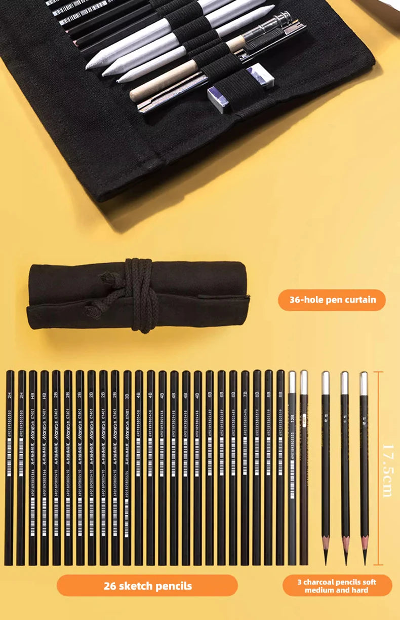 Sketching Pen Set Drawing Kit Student Portable Pen Curtain Charcoal Pencil Sketch Pencil Charcoal Stick Sharpener Eraser Set Box