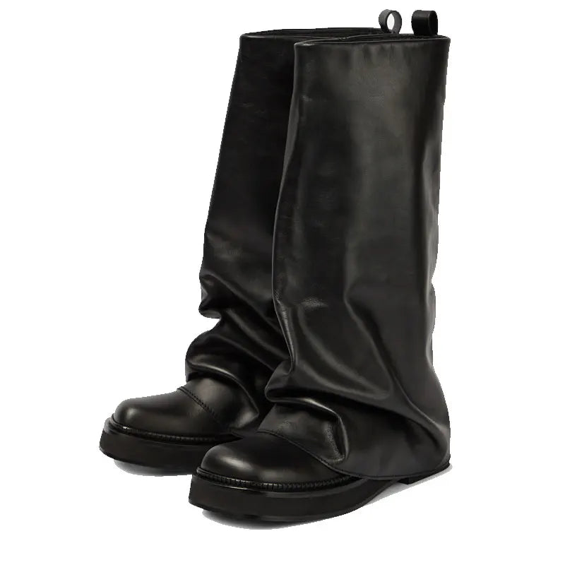 Women's New Autumn and Winter Calf Boots with Pleated Thick High Heels and Fashionable Oversized Street Leather Mid Leg Boots