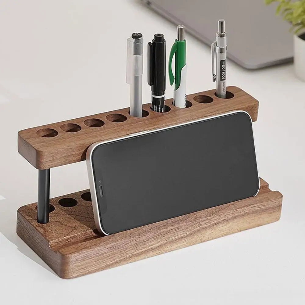 1PC Walnut Wood Pen Holder Desk Organizer Phone Stand Storage Retro Wooden Pen Holder Desk Stationery Pen Storage Phone Holder