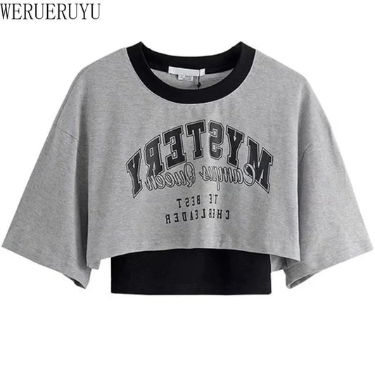 Vintage Print Graphic T-shirt Women Crop Top Short Sleeve Y2k Clothes Summer Loose Sexy Short Two-piece T-shirt Set Womens 2025