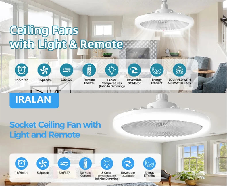 Modern 25cm Ceiling Fans With LED Lights Silent E27 Smart Bedroom Kitchen Electric Fan Lamps Room Decor AC95-260V