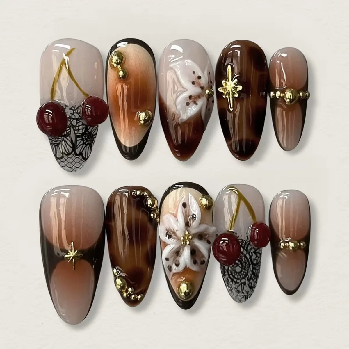 24pcs Long Almond False Nails with Flower Pearl Rhinestone Design Fake Nails Leopard Print Press on Nails Sets Finished Manicure