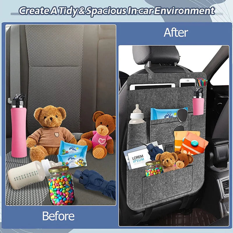 Car Back Seat Hanging Felt Storage Bag Multi-pocket Phone Ipad Water Cup Tissue Magazine Storage Bag Anti-kick Pad Car Organizer