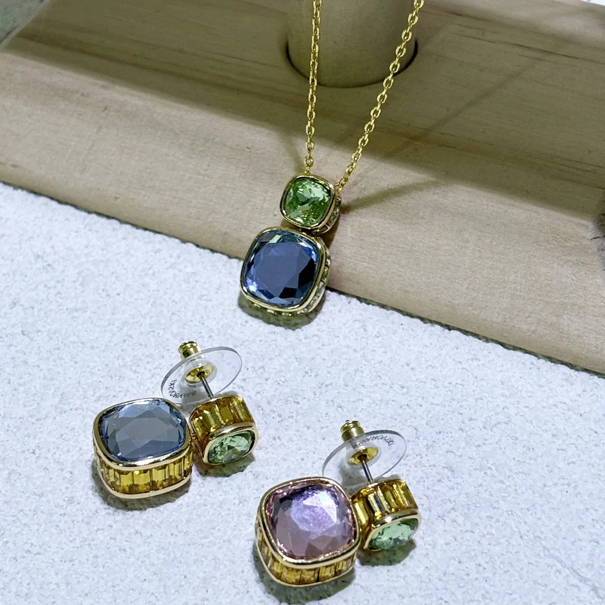 Original 2025 Candy Earrings Necklace Bracelet Fine Jewelry Set Women Geometric Cube Candy Double-Sided Crystal Jewelry