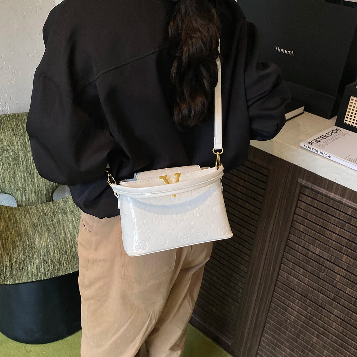 Elegant Trendy Smooth Shiny PU Solid Color Women Shoulder Bag Pattern Print Deco Handbag Crossbody Bag for Outings Party Travel