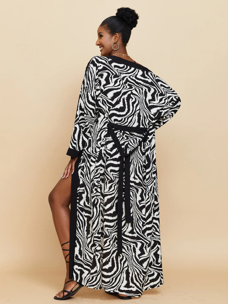 Zebra Beach Cover Ups for Women Long Sleeve Kimono Dress Self Belted Rayon Elegant Pareo 2023 Bathing Suits Holiday Beachwear