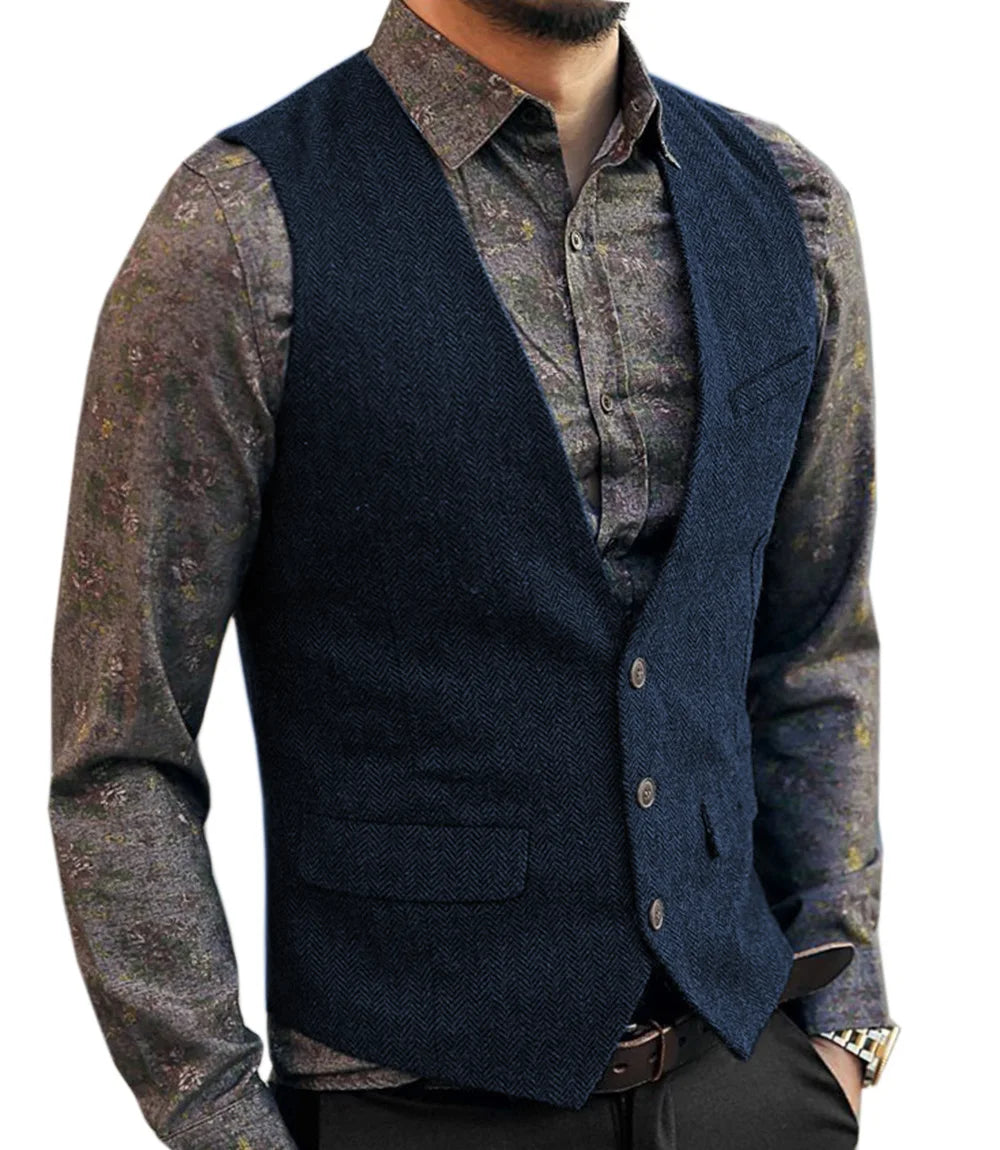 Deep V-Neck Suit Vests  Classical Formal  Business Herringbone  Wood Waistcoat Slim Fit Men's Vest For Wedding