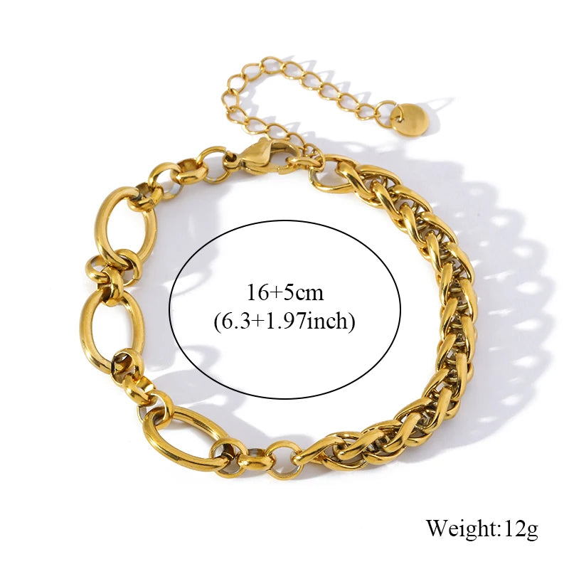 EILIECK 316L Stainless Steel Metal Texture Oval Chain Bracelet Bangle For Women 18K PVD Plated Wrist Chain Waterproof Jewelry