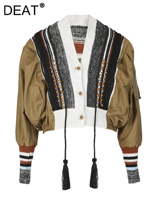 DEAT Fashion Women's Jacket Rivet Patchwork Tassel V-neck Long Sleeve Single Breasted Contrast Color Coat Spring 2025 New CP0361