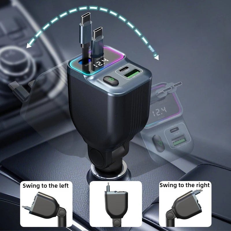 Scalable Car Charger 4in1 Fast Charging Car Charger with 72W Retractable Cable and PD65W USB Port Compatible with Type-C Adapter