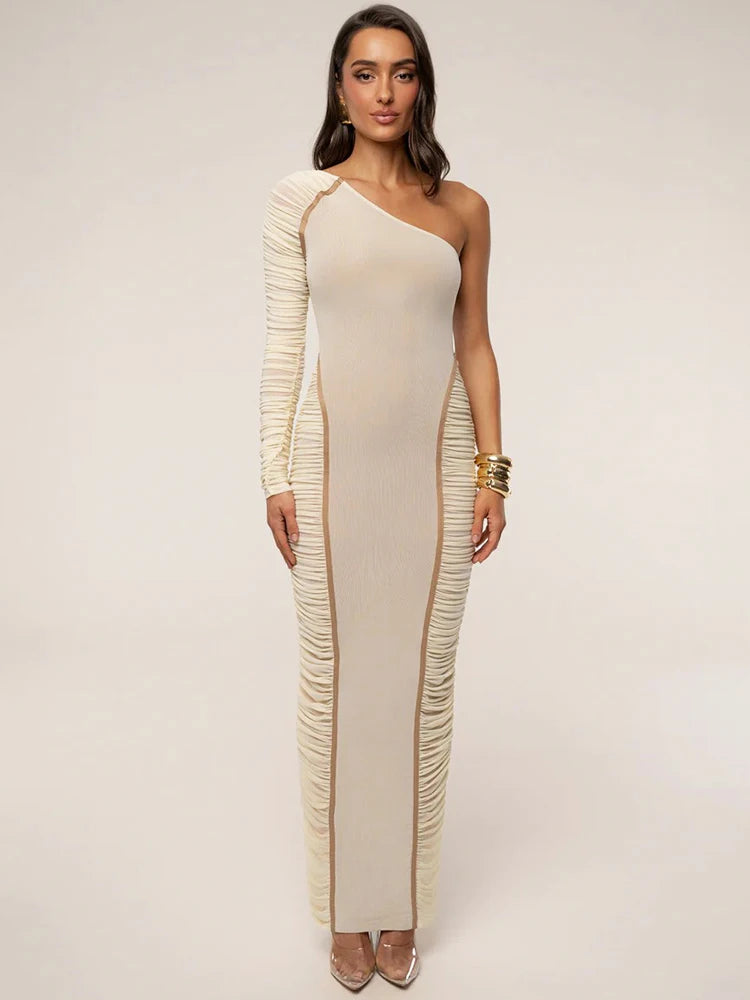 Mozision One Shoulder Backless Sexy Maxi Dress Women Gown Elegant Skew Collar Single Sleeve Ruched Bodycon Club Party Long Dress