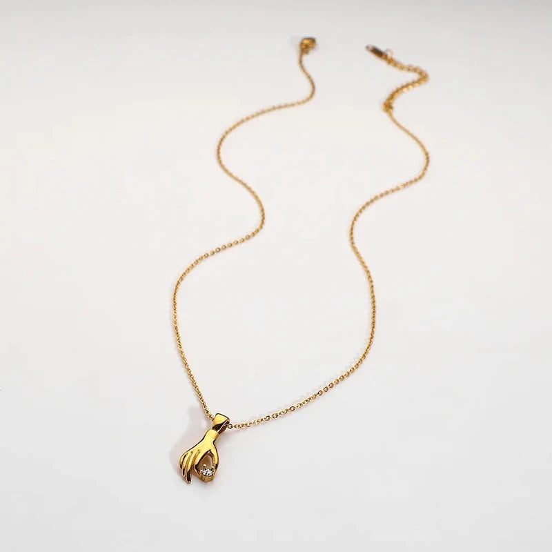 Dancy Fairy Stainless Steel Shiny Stone Abstract Palm Pendant Necklace for Women 18K Gold Color Hand Pick Star Charm Necklace